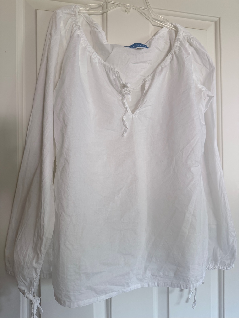 Women's White Long-Sleeve “Menemsha Blues” Peasant Blouse - Casual Tie-Neck Top